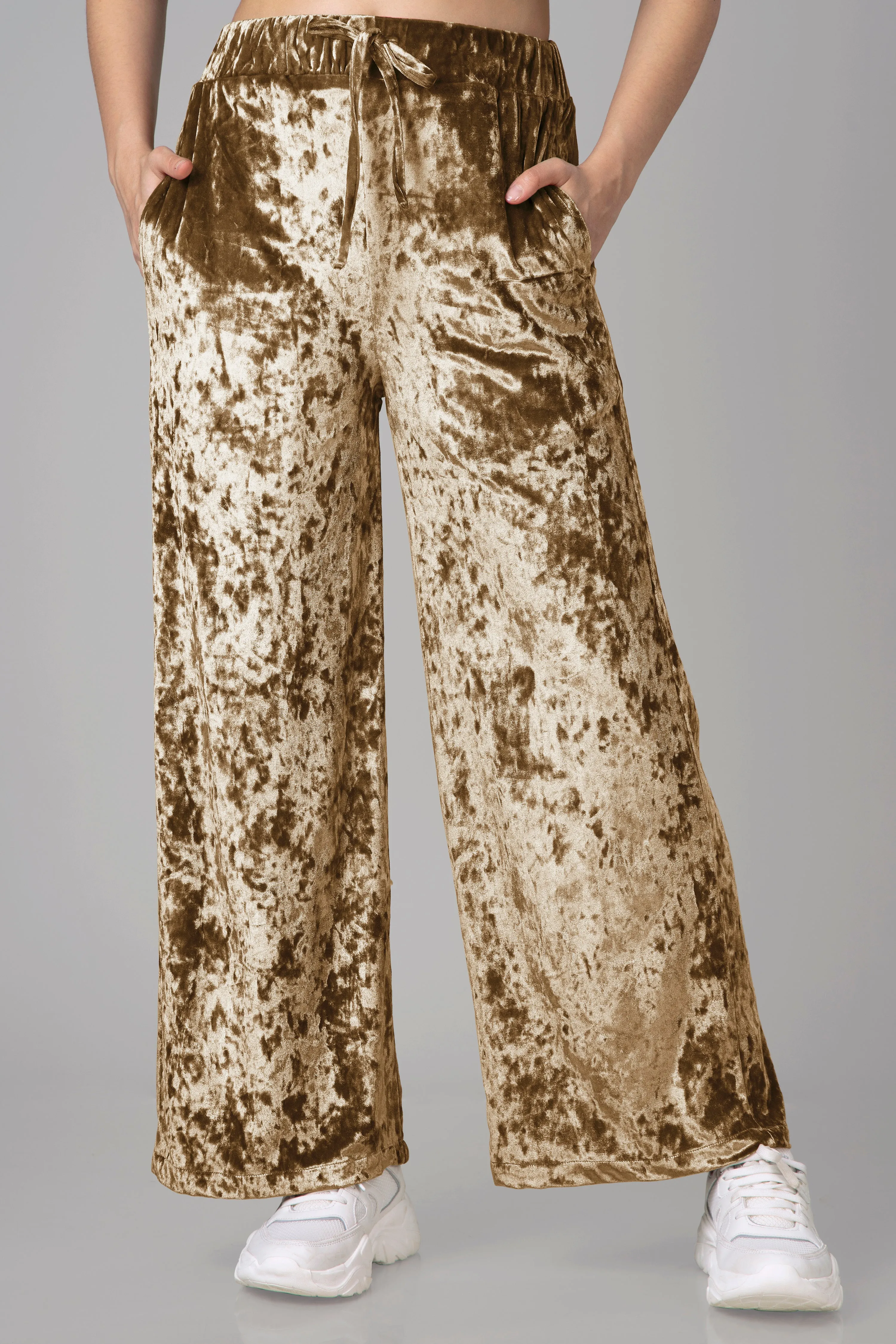 Women Beige Velvet Flared Stretchable Trouser