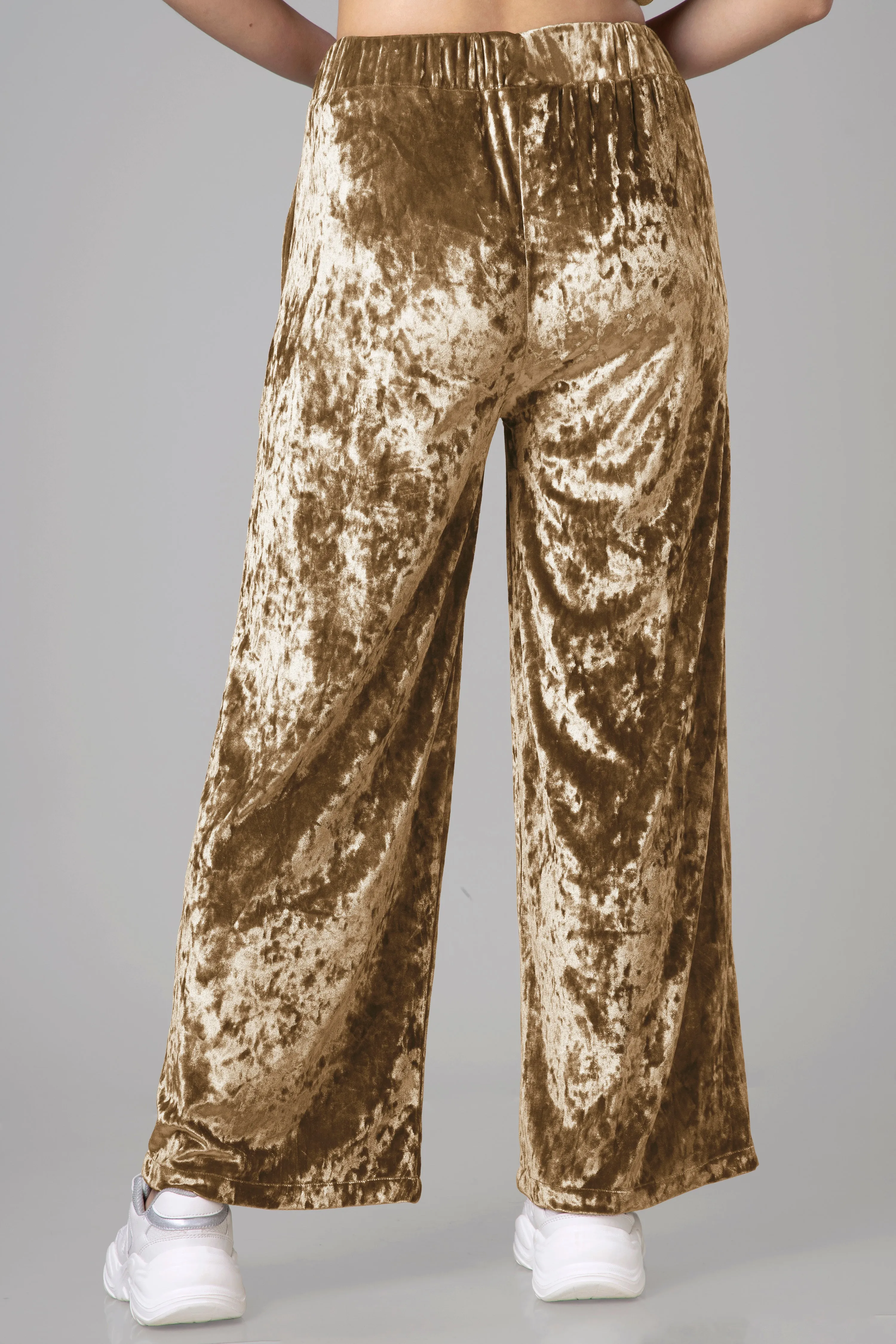 Women Beige Velvet Flared Stretchable Trouser