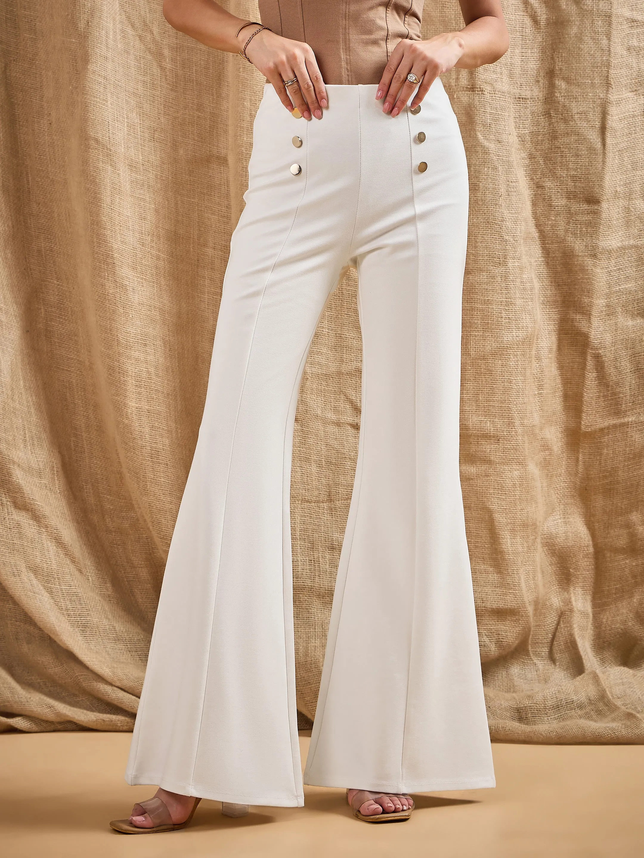 Women White Front Button Flared Bell Bottom Pants