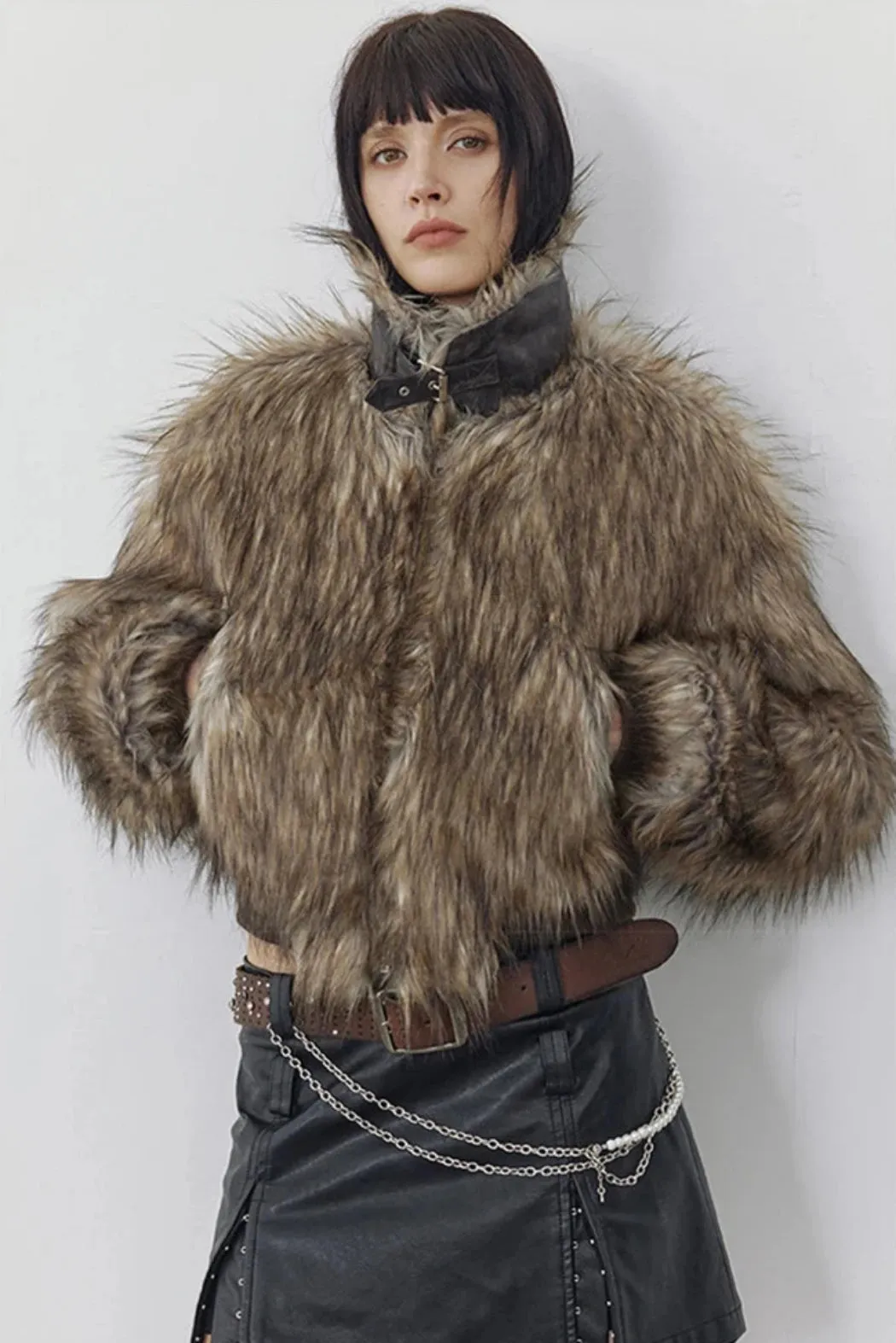 Women's Brown Shaggy Faux Fur Cropped Jacket