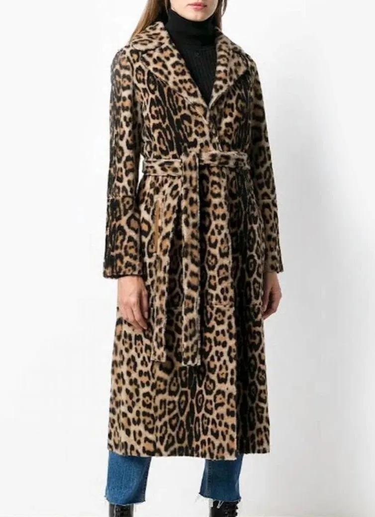 Womens Faux Fur Leopard Coat with Waist Tie