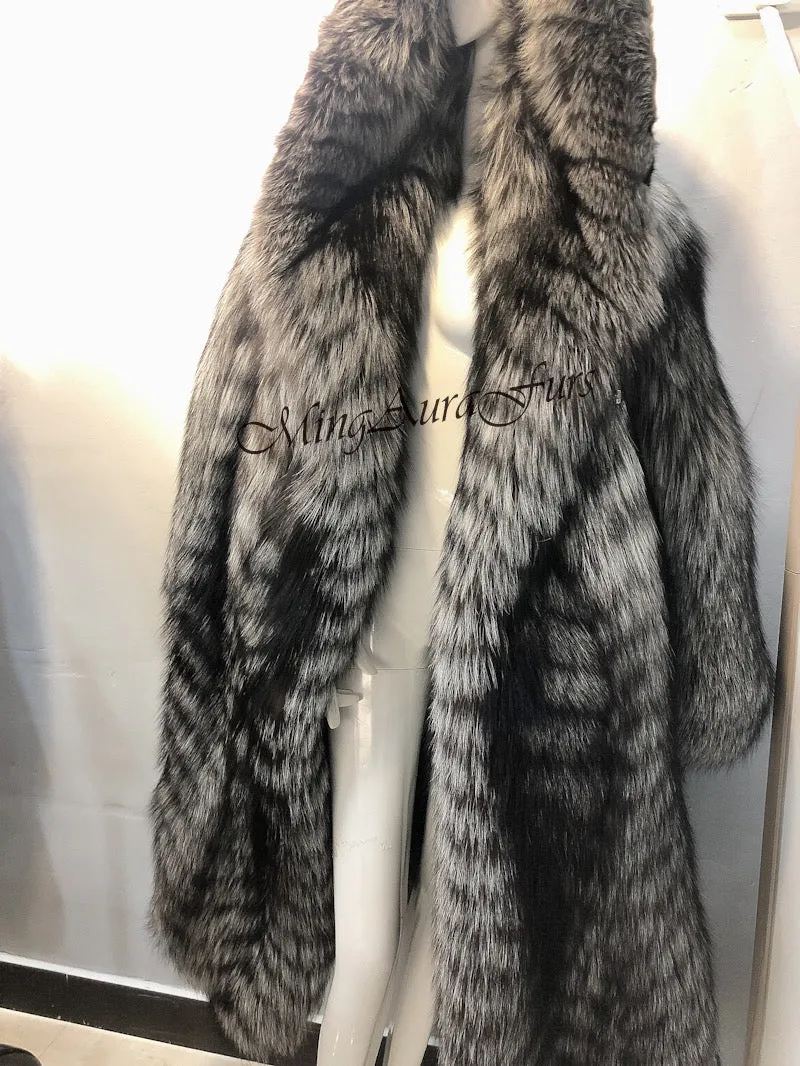 Women's Long Fox Fur Coat with Fur Hood - Silver Fox - G0035