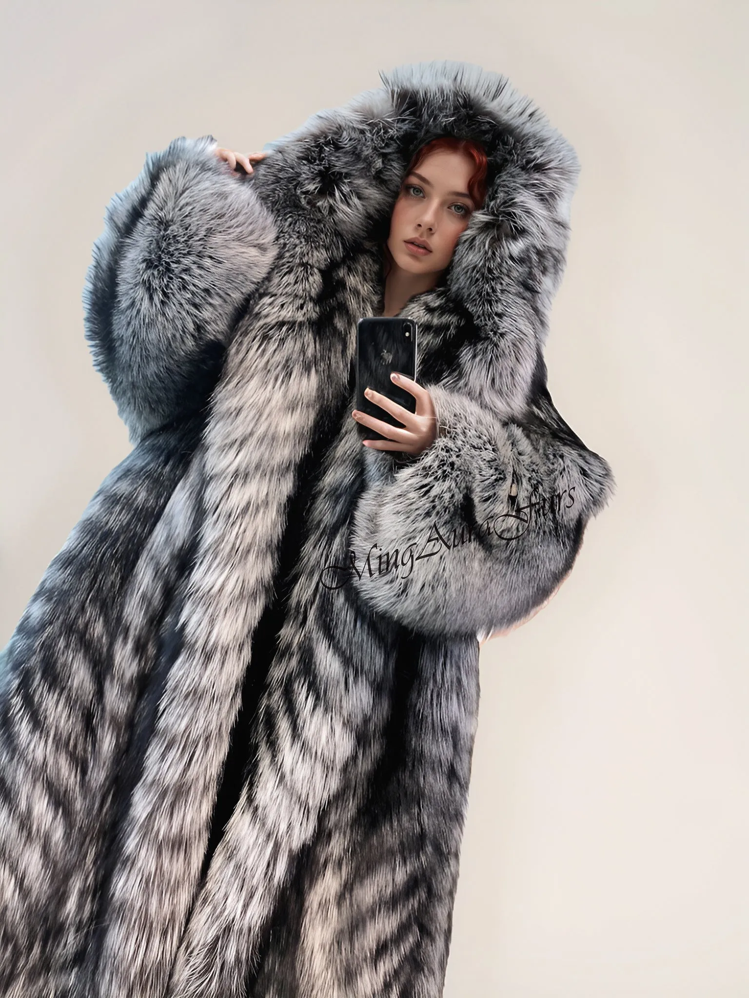 Women's Long Fox Fur Coat with Fur Hood - Silver Fox - G0035