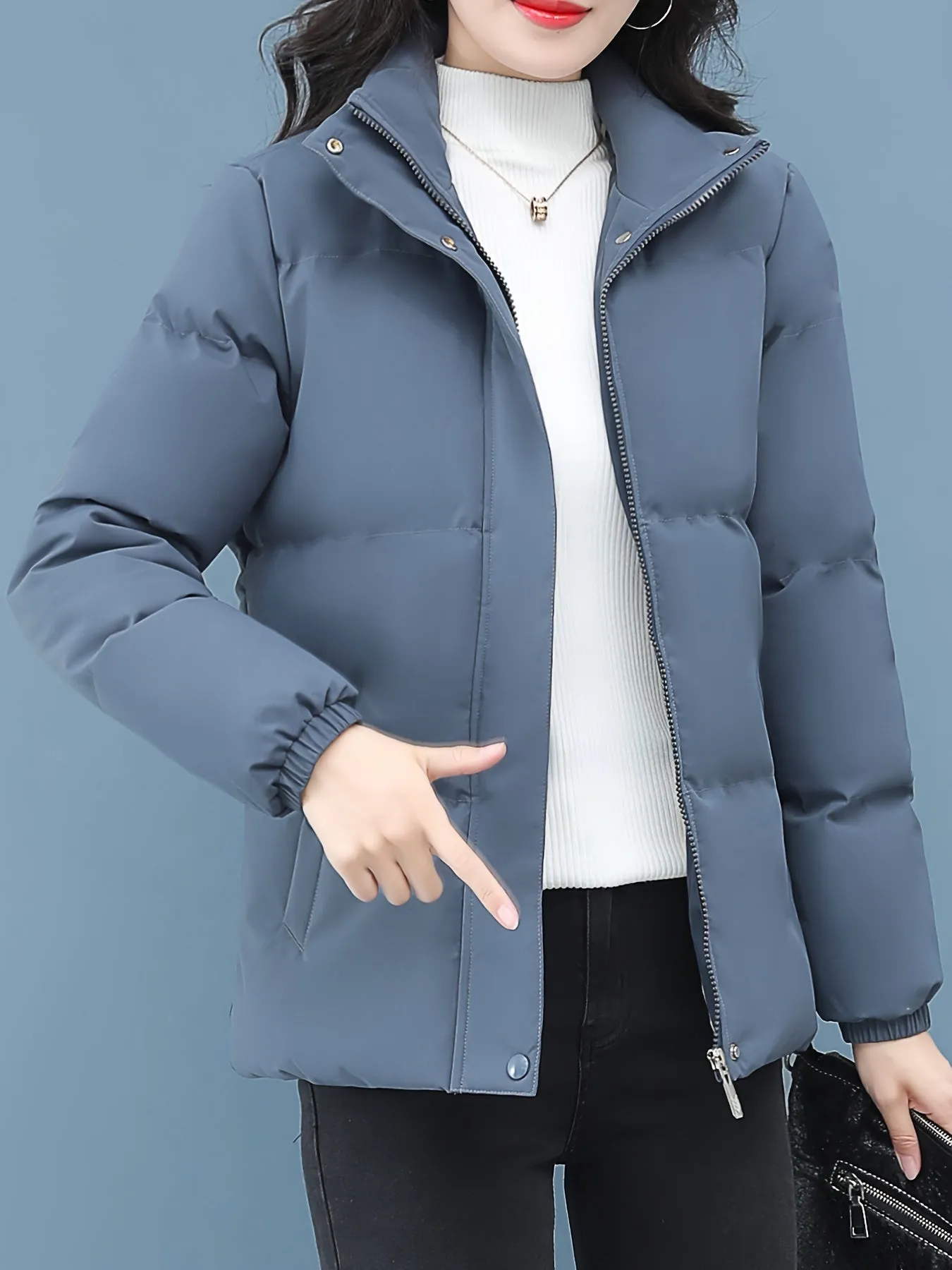 Women's Plus Size Winter Coat , Thickened Solid Color Padded Cotton Jacket, Casual Style, Regular Sleeve, Zipper Closure, Non-Stretch Polyester, Standard Length, No Belt, Crew Neck, Regular Fit