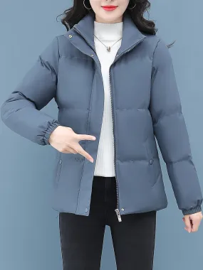 Women's Plus Size Winter Coat , Thickened Solid Color Padded Cotton Jacket, Casual Style, Regular Sleeve, Zipper Closure, Non-Stretch Polyester, Standard Length, No Belt, Crew Neck, Regular Fit