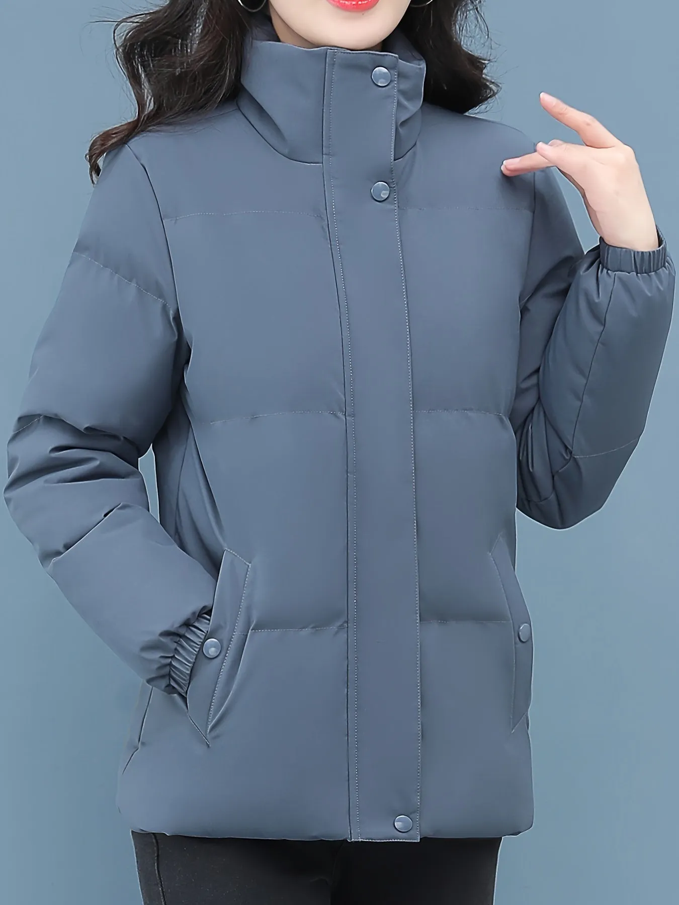 Women's Plus Size Winter Coat , Thickened Solid Color Padded Cotton Jacket, Casual Style, Regular Sleeve, Zipper Closure, Non-Stretch Polyester, Standard Length, No Belt, Crew Neck, Regular Fit