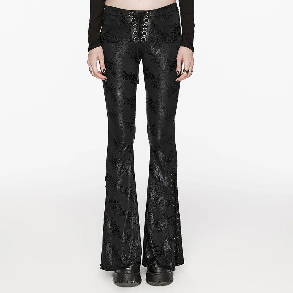 Women's Punk Thorns Printed Lace-up Flared Pants Black