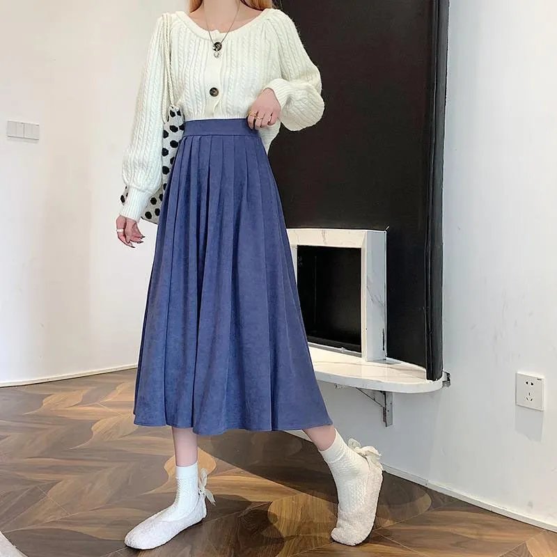 Women's Skirts Vintage High Waist Pleated Skirt Women Long Casual A-line Skirts - WSK0309