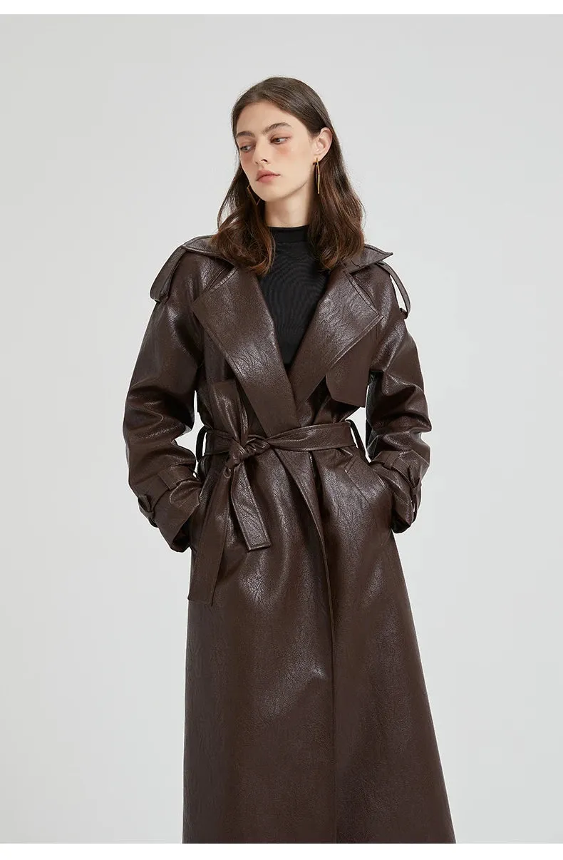 Women's Ultra Long Vegan Leather Trench Coat