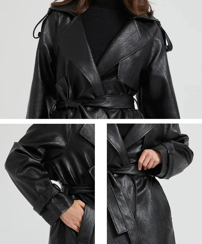 Women's Ultra Long Vegan Leather Trench Coat