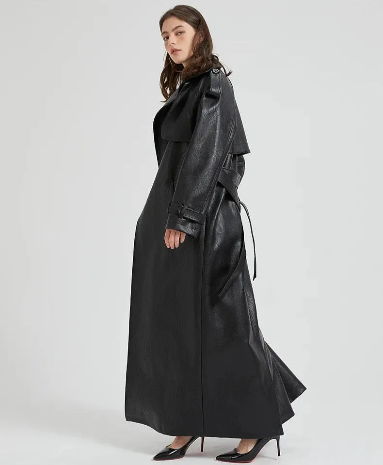 Women's Ultra Long Vegan Leather Trench Coat