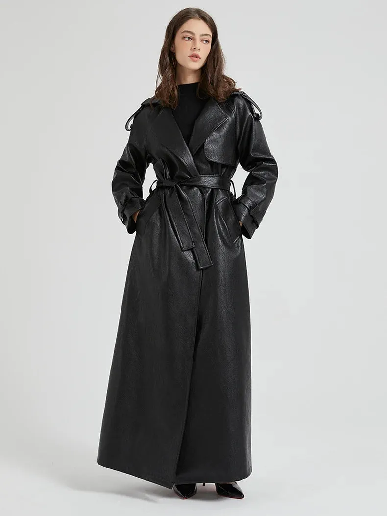 Women's Ultra Long Vegan Leather Trench Coat