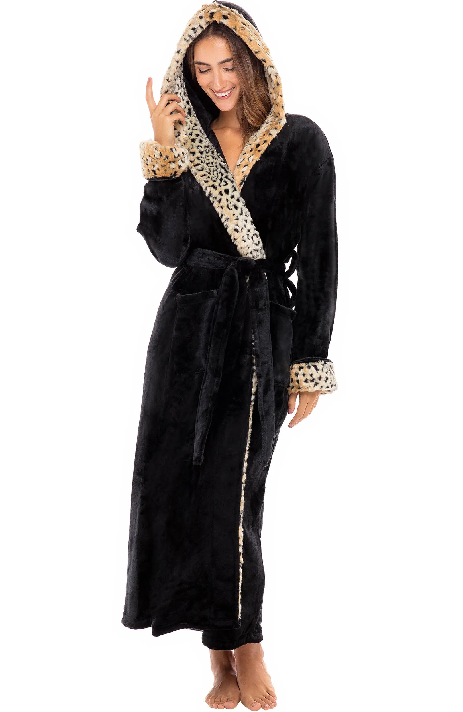 Women's Winter Robe with Faux Fur Feather, Plush Fleece Hooded Bathrobe