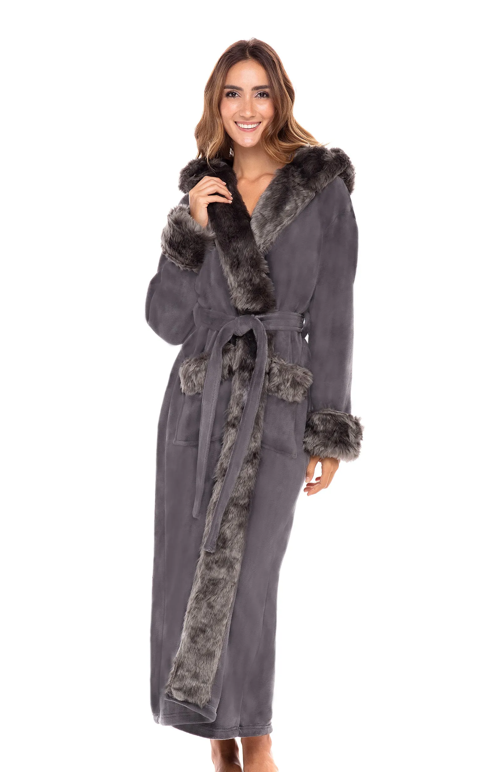 Women's Winter Robe with Faux Fur Feather, Plush Fleece Hooded Bathrobe