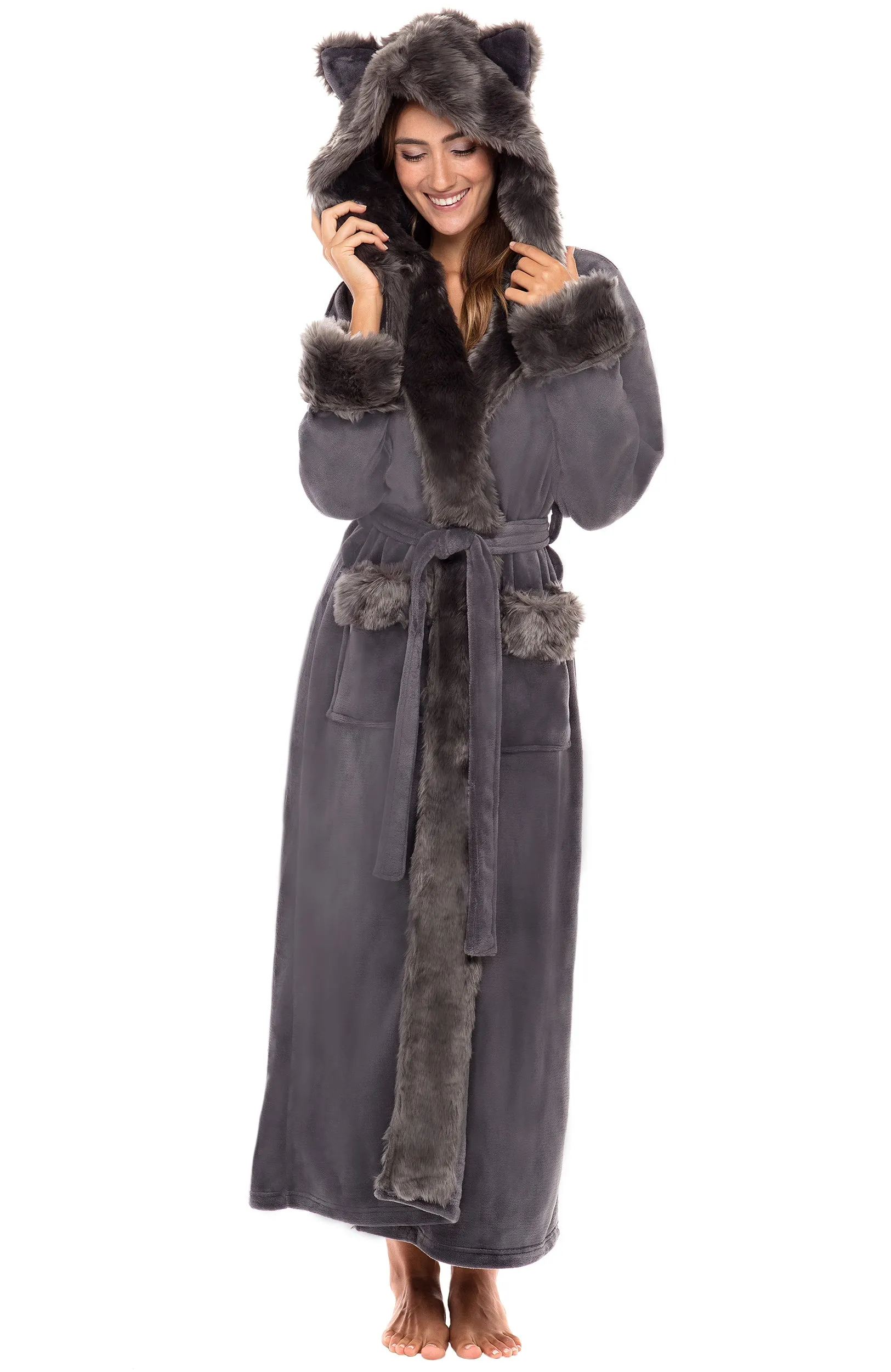 Women's Winter Robe with Faux Fur Feather, Plush Fleece Hooded Bathrobe