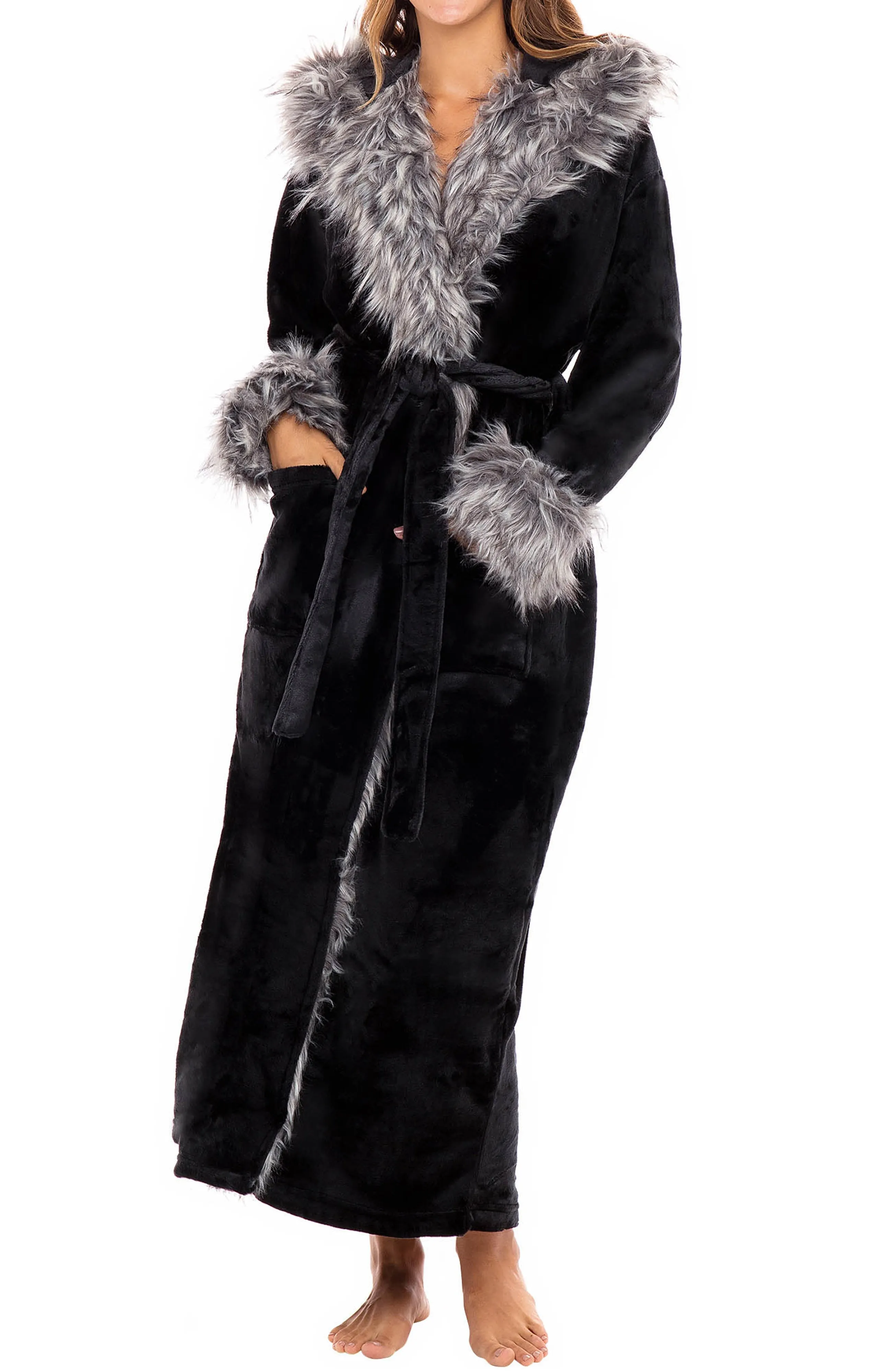 Women's Winter Robe with Faux Fur Feather, Plush Fleece Hooded Bathrobe