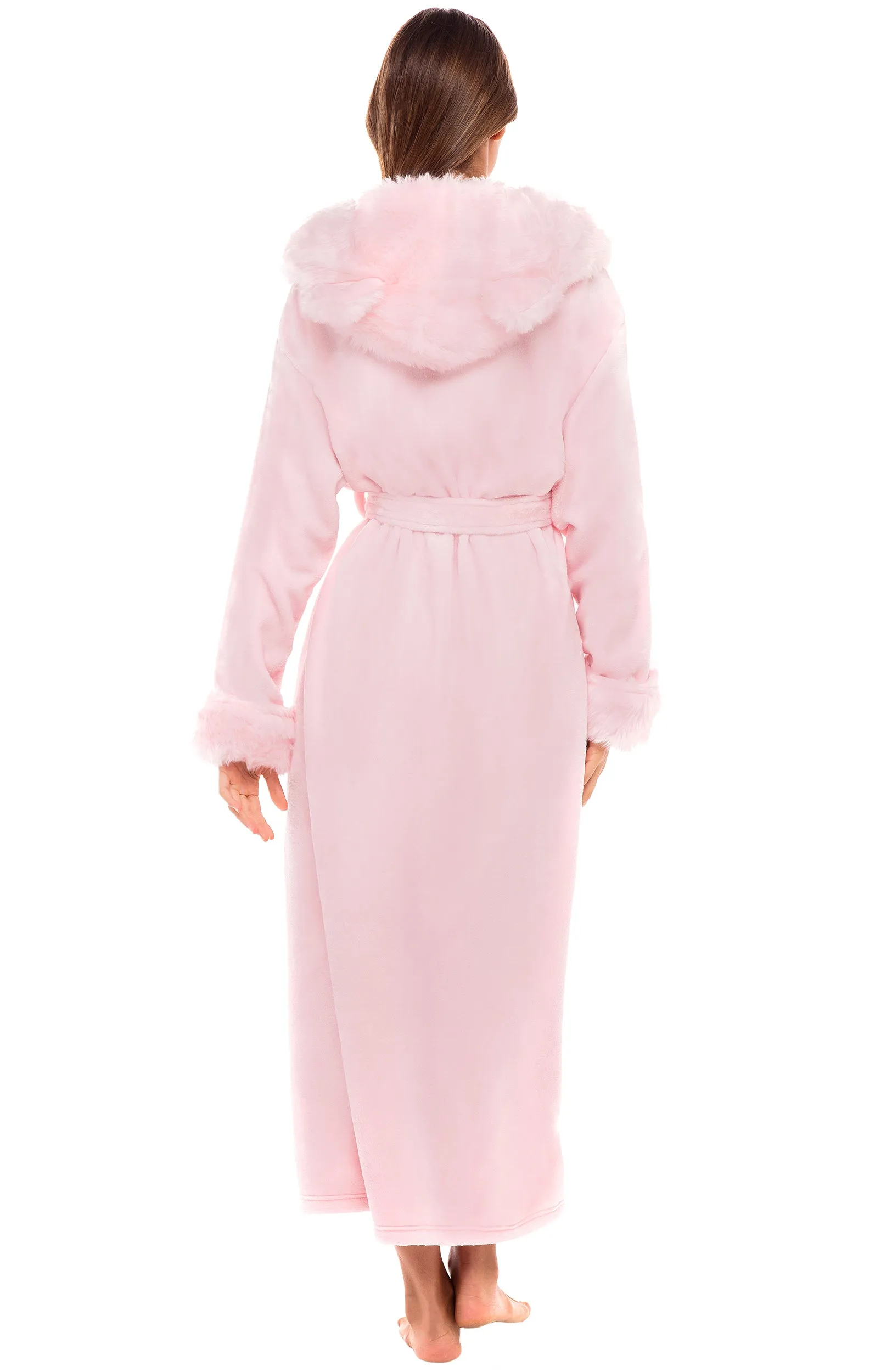 Women's Winter Robe with Faux Fur Feather, Plush Fleece Hooded Bathrobe