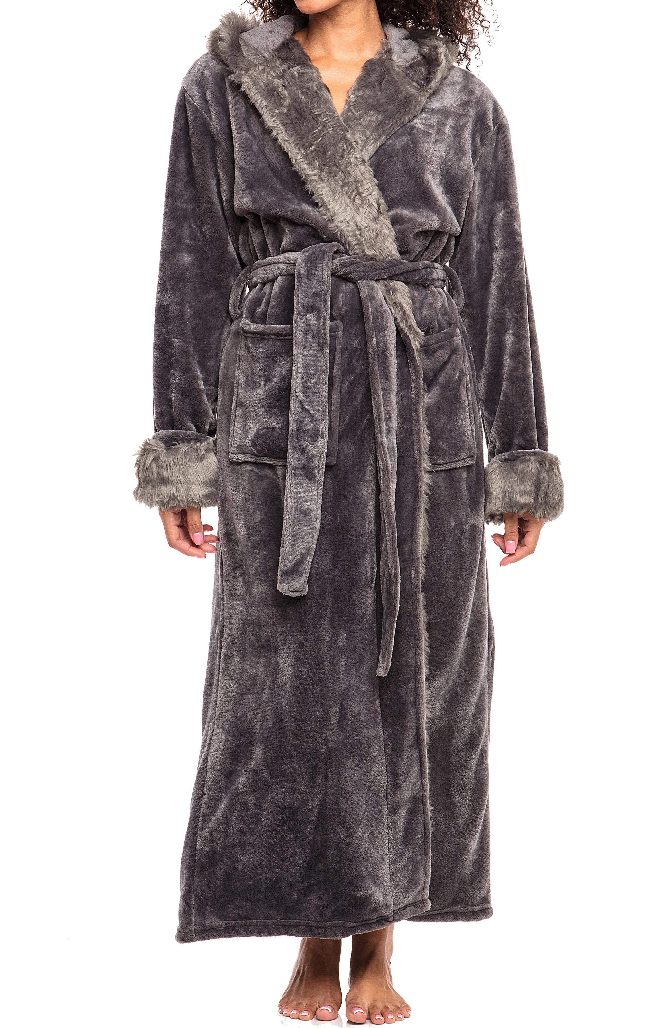 Women's Winter Robe with Faux Fur Feather, Plush Fleece Hooded Bathrobe