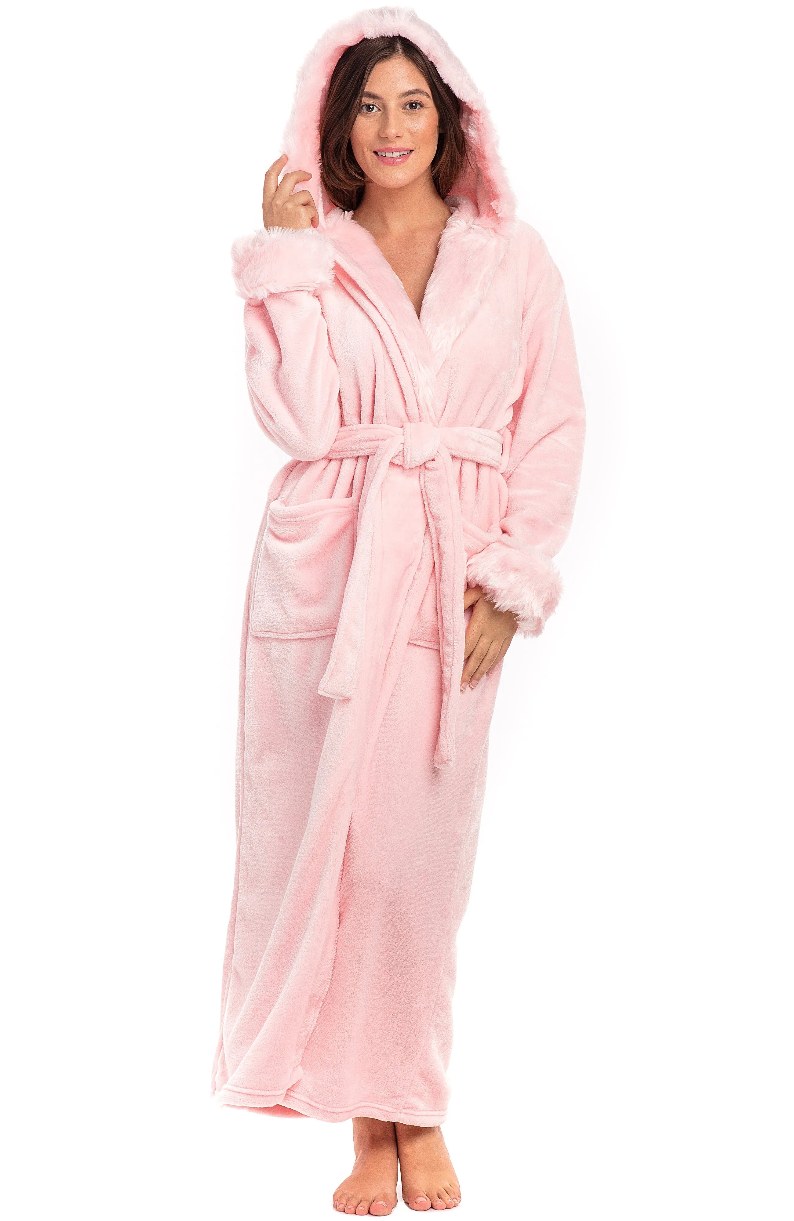 Women's Winter Robe with Faux Fur Feather, Plush Fleece Hooded Bathrobe