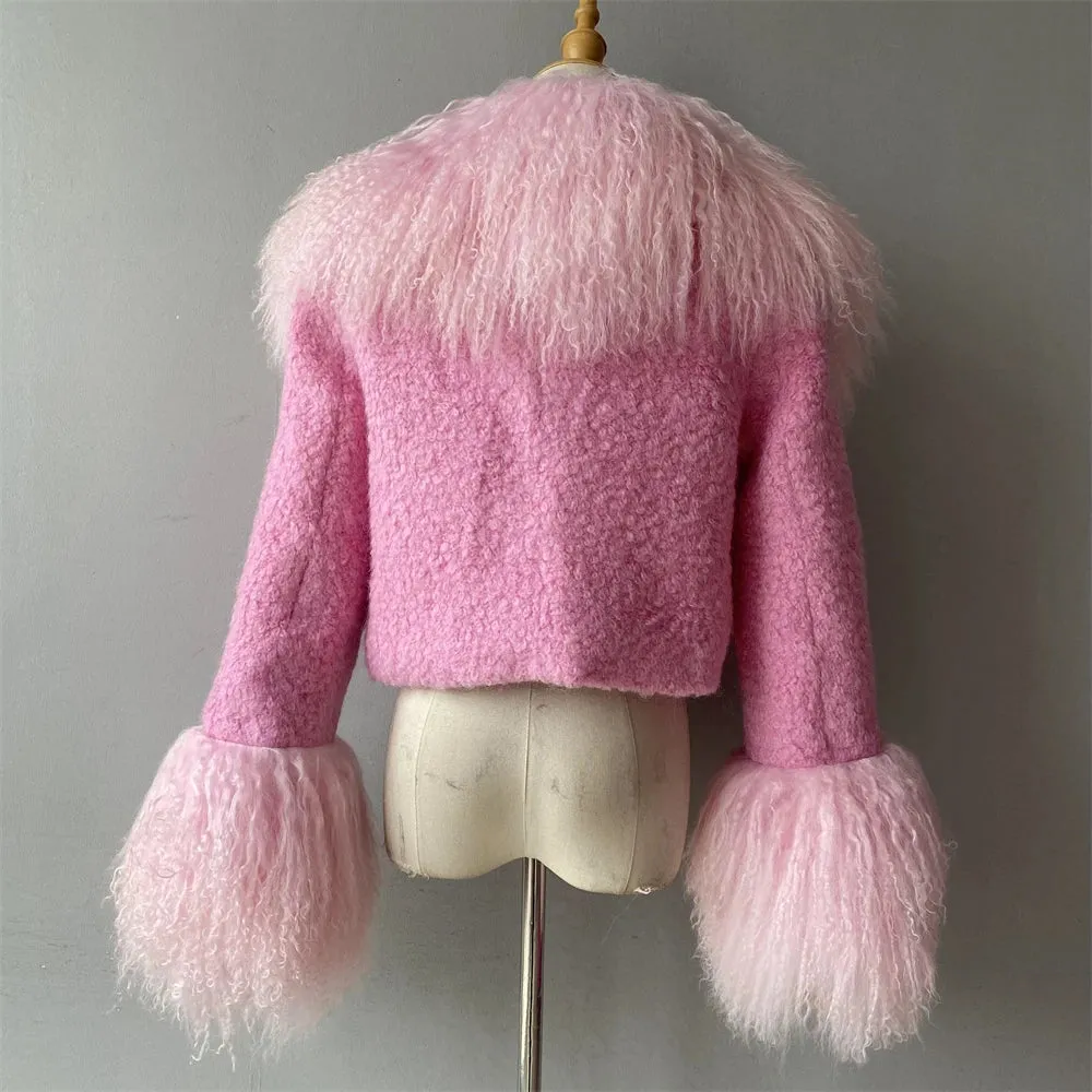 Women's Wool Coat with Curly Sheep Fur Collar & Cuffs