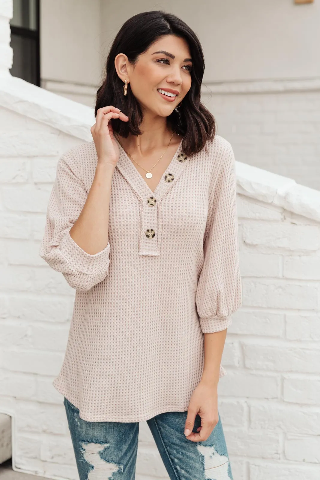 Wonderfully Waffled Top in Taupe