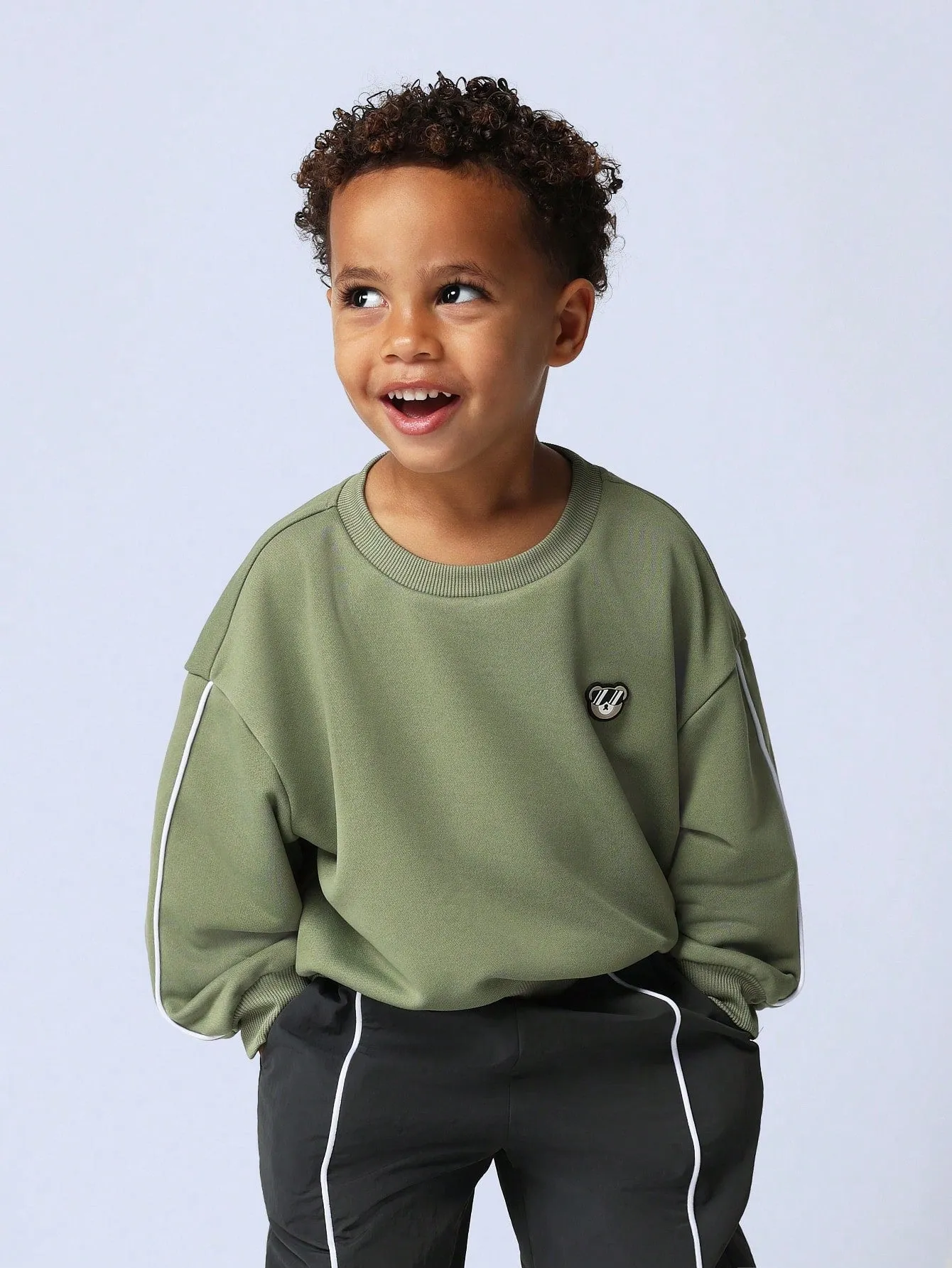 Young Boys Comfy Embroidered Teddy Sweatshirt And Nylon Pant With Piping 2 Piece Set